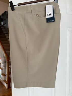 NWT- Cutter & Buck Khaki Flat-Front Performance Shorts